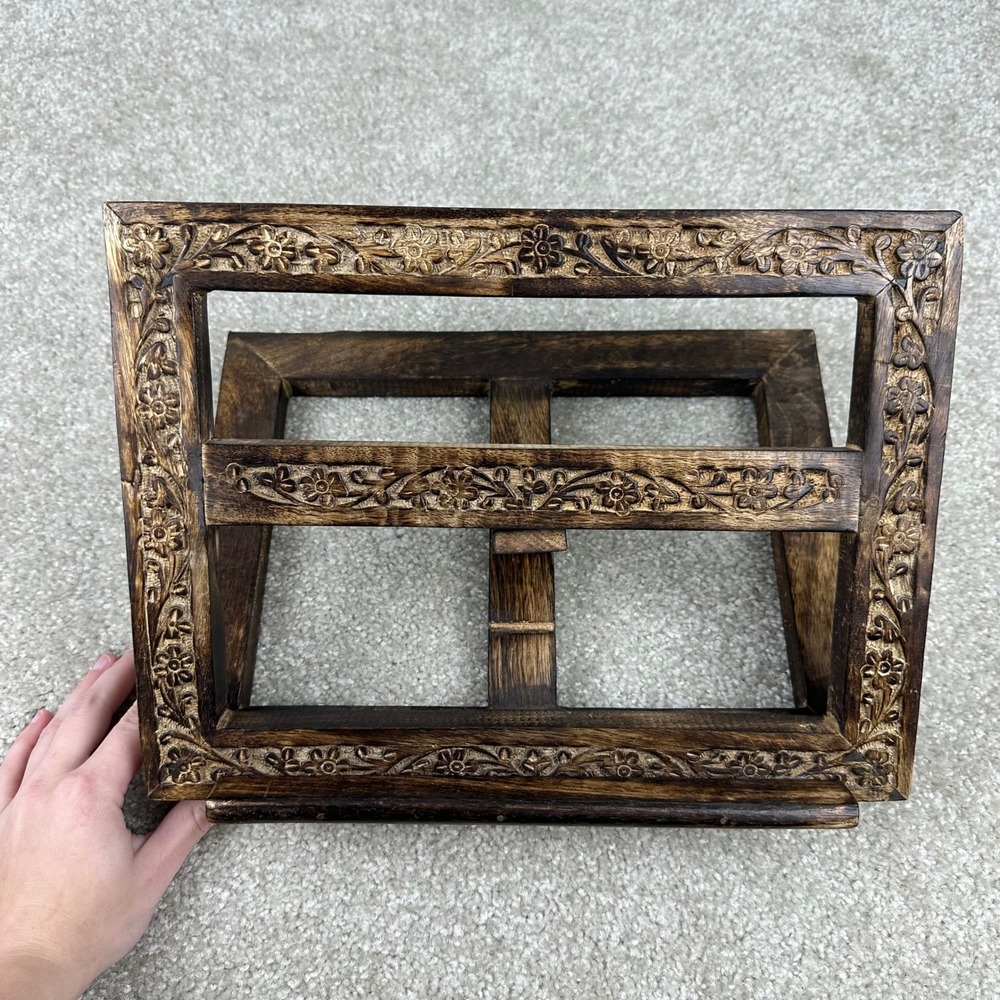 Hand Carved Floral Wood Cookbook Stand Tablet Holder Dark Brown Rustic Boho